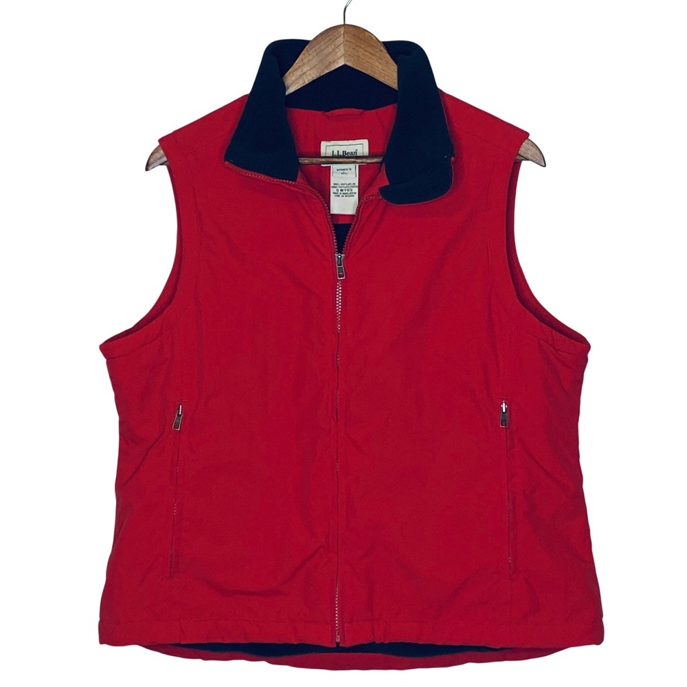 LL Bean Womens Nylon Vest L Red Fleece Lined Gorpcore Outdoor Full Zip Heritage